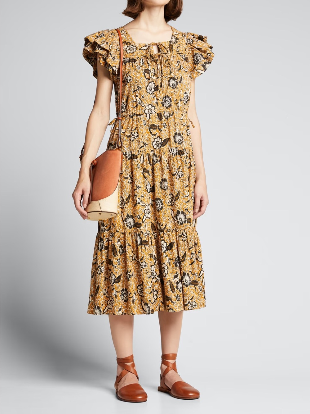 Ulla Johnson Zumba Mustard Floral Print Ruffle Sleeve Midi Dress Sz 2